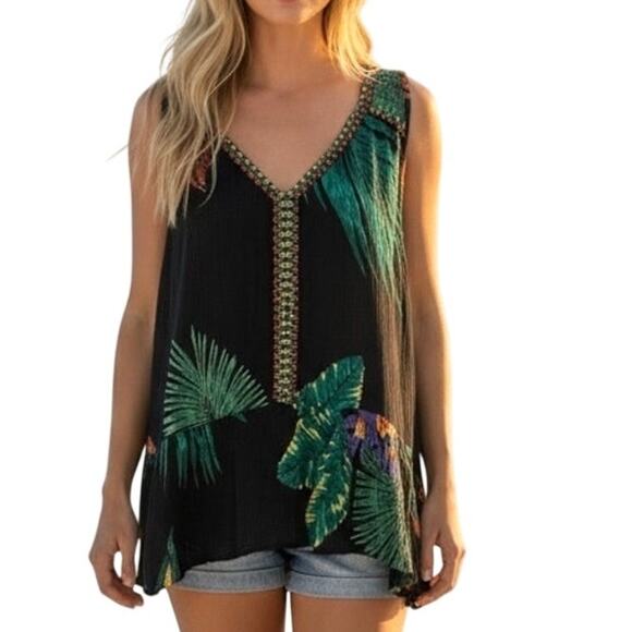 Patrons of Peace Tops - Patrons of Peace Tropical Crinkle Tank Womens Large Navy Multicolor Embroidered